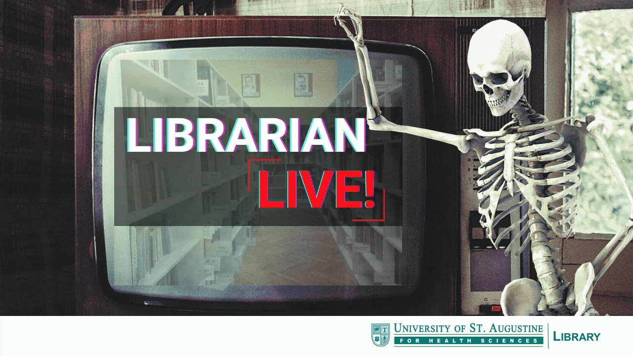A skeleton leans against a television, watching a tour through book shelves. Text on the television screen states, 