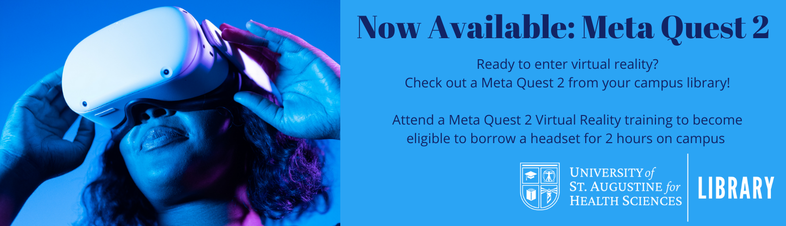 Now available: Meta Quest 2. Ready to enter virtual reality? Check out a Meta Quest 2 from your campus library! Attend a Meta Quest 2 Virtual Reality training to become eligible to borrow a headset for 2 hours on campus