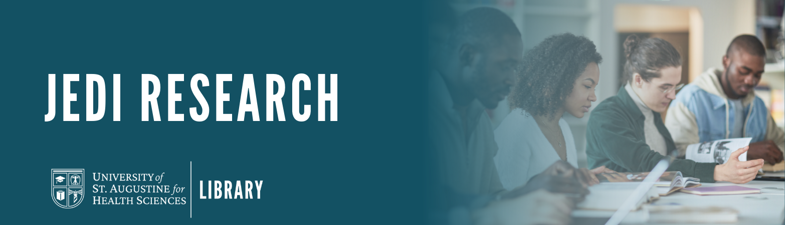 Teal background. White text on left, "JEDI Research". On right, a photo of students sitting together and studying